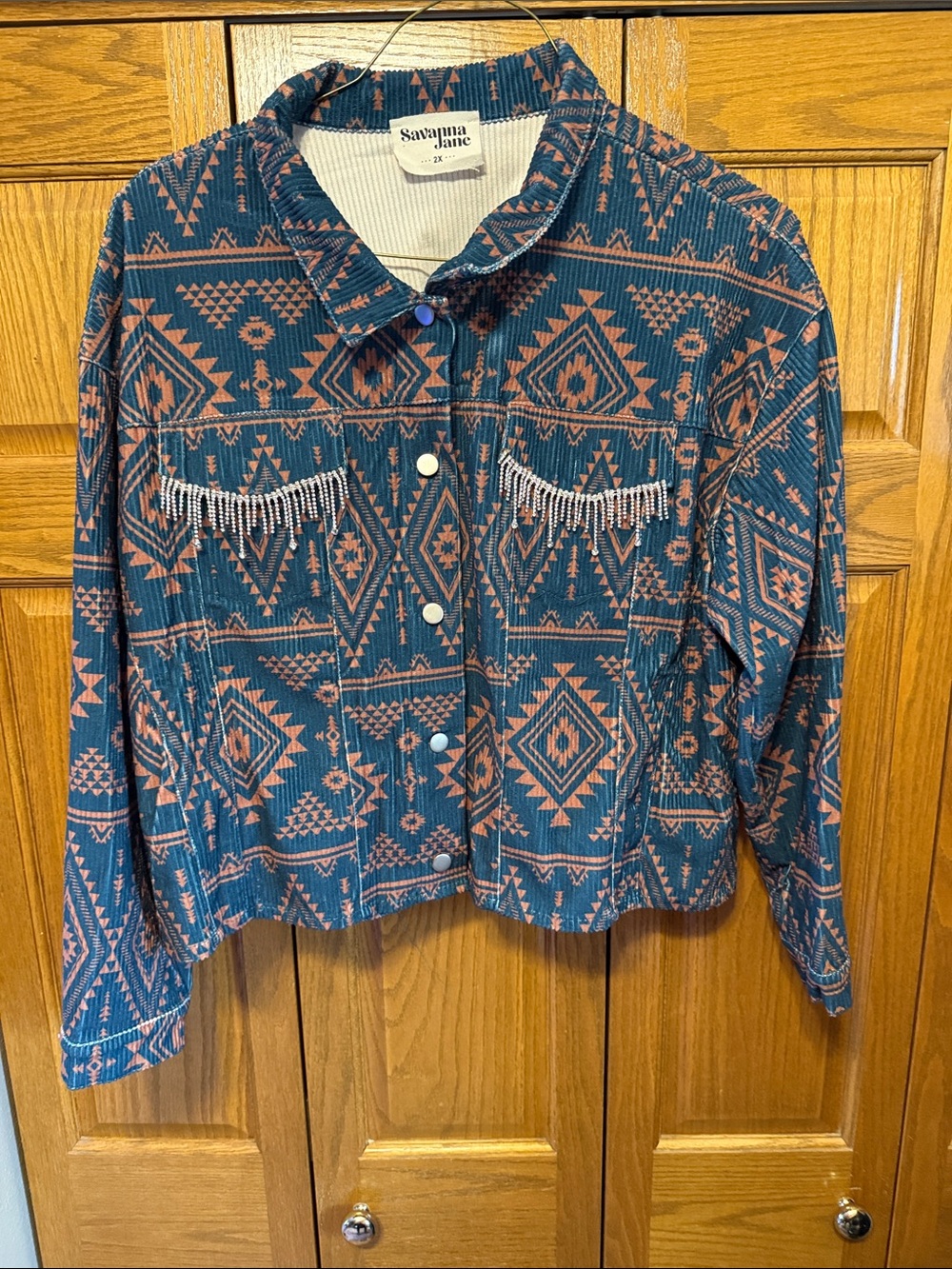 Savanna Jane Teal & Rust Aztec Cropped Corduroy Jacket with Fringe-XXL